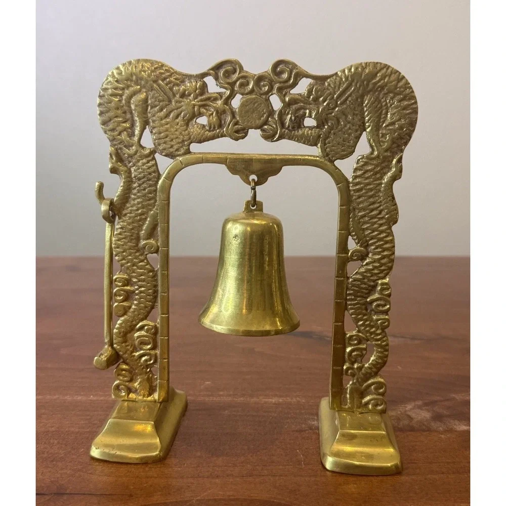 VINTAGE BRASS BELL & MALLOT Asian DRAGON STAND GREAT BELL TONE 7